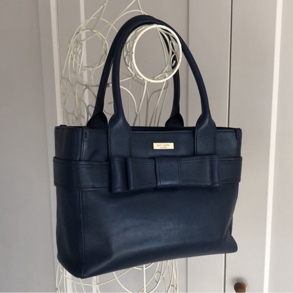 * KATE SPADE navy blue leather polka dot lining classic satchel bag EUC